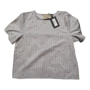 THEO The Label Women Striped Short Sleeve Blouse Gold Bead Top Size Small NWT